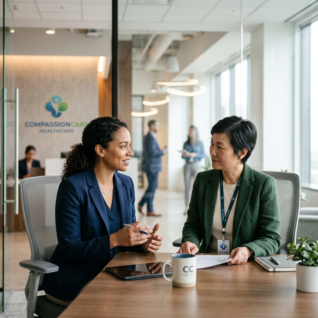 Professionals in a meeting discussing care and service support